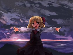 Rule 34 | 1girl, blonde hair, embodiment of scarlet devil, female focus, hair ribbon, murani, necktie, outdoors, outstretched arms, red eyes, ribbon, rumia, short hair, solo, spread arms, sunrise, touhou