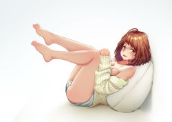 Rule 34 | 1girl, absurdres, ahoge, artist request, ass, bare legs, bare shoulders, barefoot, boku no hero academia, bra, breasts, brown hair, commentary request, feet, from side, full body, highres, long sleeves, looking at viewer, lying, medium breasts, on back, open mouth, panties, pillow, short hair, simple background, sleeves past wrists, solo, striped clothes, striped panties, striped sweater, sweater, toes, underwear, uraraka ochako, white background, yellow eyes
