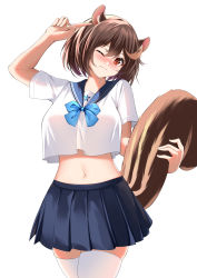 Rule 34 | 1girl, absurdres, animal ears, arm up, azur lane, blue bow, blue bowtie, blue sailor collar, blue skirt, blush, bow, bowtie, brown hair, catnnn, chinese commentary, commentary request, cowboy shot, crop top, crop top overhang, hair between eyes, highres, holding own tail, looking at viewer, midriff, miniskirt, navel, nose blush, pleated skirt, pointing, red eyes, sailor collar, sailor shirt, school uniform, serafuku, shirt, short hair, short sleeves, simple background, skirt, solo, squirrel ears, squirrel tail, standing, stomach, tail, thighhighs, thighs, wakaba (a healthy dose of sunshine!) (azur lane), wakaba (azur lane), white background, white shirt, white thighhighs