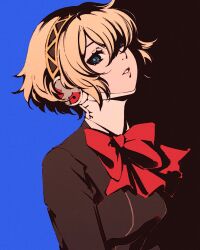 Rule 34 | 1girl, aegis (persona), android, black background, black jacket, blazer, blonde hair, blue background, blue eyes, bow, bowtie, breasts, dress shirt, eyelashes, gekkoukan high school uniform, hair over one eye, headphones, high contrast, jacket, looking at viewer, looking to the side, medium breasts, moshimoshibe, parted lips, persona, persona 3, pink lips, red bow, red bowtie, ringed eyes, school uniform, shirt, short hair, solo, two-tone background, upper body, white shirt