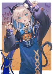 Rule 34 | 1boy, animal hood, bandaged tail, bandages, bandaid, bandaid on hand, bat hair ornament, bell, black nails, bow, buttons, choker, claw pose, fate/grand order, fate (series), grey hair, hair ornament, halloween, halloween costume, highres, hood, hood up, long hair, long sleeves, looking at viewer, male focus, nail polish, neck bell, nemo (fate), open mouth, paw print, safety pin, sherry 0014, solo, symbol-shaped pupils, tail, trick or treat, very long hair