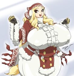 Rule 34 | 1girl, absurdres, arina, blonde hair, breasts, bright pupils, brown eyes, covered erect nipples, covered navel, djthepokemen, dotil, dress, eyelashes, female focus, forehead, gigantic breasts, grey background, hat, headband, highres, huge breasts, loincloth, long hair, looking at viewer, original, pants, plump, smile, solo, taut clothes, taut dress, thick thighs, thighs, very long hair, w arms, white background, white pants, white pupils, wide hips, wide sleeves
