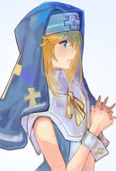 Rule 34 | 1boy, bare shoulders, black gloves, blonde hair, blue dress, blue eyes, blush, bridget (guilty gear), cross, cuffs, dress, fingerless gloves, gloves, guilty gear, guilty gear xx, habit, highres, latin cross, levvellevvel, looking to the side, male focus, mars symbol, nun, parted lips, ribbon, short hair with long locks, smile, solo, trap, yellow ribbon