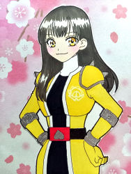 Rule 34 | 1girl, avataro sentai donbrothers, belt, bodysuit, brown hair, floral background, hands on own hips, kito haruka, kwai chi, long hair, looking at viewer, no headwear, no headwear, oni sister, smile, spikes, standing, super sentai, yellow bodysuit, yellow eyes
