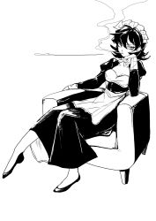 Rule 34 | 1girl, chair, cigarette, dress, fufu (fufuichi04), gloves, greyscale, hair between eyes, head rest, highres, maid, maid headdress, monochrome, mouth hold, original, puffy sleeves, short hair, simple background, sitting, slit pupils, smoke, smoking, solo, white background