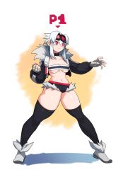 Rule 34 | 1girl, bandaged hand, bandages, black collar, black shorts, black thighhighs, borrowed character, breasts, clenched hand, collar, commentary, cropped jacket, cutoffs, difman, english commentary, fighting game, fighting stance, full body, fur collar, goggles, goggles on head, highres, jacket, long sleeves, medium breasts, midriff, navel, niwamaru (niwarhythm), open clothes, open jacket, original, over-kneehighs, pink eyes, red goggles, shoes, short hair with long locks, short shorts, shorts, smile, sneakers, solo, strapless, thick thighs, thighhighs, thighs, tube top, underboob, white hair