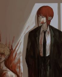 Rule 34 | 1boy, 1girl, black coat, black necktie, bleeding, blonde hair, blood, blood from mouth, blood on clothes, blood on face, blood on wall, blood splatter, chainsaw man, coat, denji (chainsaw man), formal, hands in pockets, highres, injury, inuo (inuo x), long hair, looking at another, makima (chainsaw man), necktie, nosebleed, orange eyes, parted lips, red hair, suit