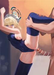 Rule 34 | 1boy, 1girl, bar censor, bare arms, blonde hair, blue archive, blue eyes, blue leotard, blue thighhighs, blurry, blurry background, breasts, censored, covered navel, erection, from side, halo, hetero, highleg, highleg leotard, leg grab, leg lift, leotard, maid headdress, moonjunk, penis, short hair, small breasts, solo focus, split, standing, standing on one leg, standing split, testicles, thighhighs, toki (blue archive)