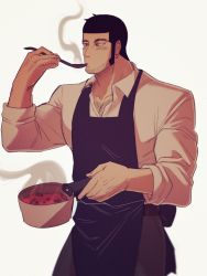 Rule 34 | 1boy, apron, blush, chest hair, collared shirt, cooking, facial hair, feet out of frame, frying pan, golden kamuy, highres, kon likes corn, long sleeves, looking to the side, male focus, mature male, muscular, muscular male, pants, shirt, short hair, simple background, solo, spoon, steam, stubble, tanigaki genjirou, tasting, white background
