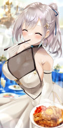 Rule 34 | 1girl, blush, braid, breasts, choker, chopsticks, chopsticks in mouth, cleavage, closed eyes, closed mouth, covered navel, diffraction spikes, dress, earrings, eating, elbow gloves, food, glint, gloves, green eyes, grey hair, halter dress, halterneck, hand up, highres, holding, holding food, hololive, jewelry, large breasts, leaning forward, long hair, looking at viewer, mizuno kurage, open mouth, ponytail, shirogane noel, shirogane noel (5th costume), side slit, sleeveless, sleeveless dress, smile, snowflakes, solo, speech bubble, swept bangs, thigh strap, virtual youtuber, white dress