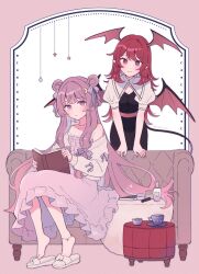 Rule 34 | 2girls, adapted costume, black dress, blush, book, breasts, cleavage, closed mouth, collarbone, crescent, crescent hair ornament, cup, demon wings, double bun, dress, hair bun, hair ornament, head wings, highres, holding, holding book, koakuma, long hair, long sleeves, looking at viewer, mozukuzu (manukedori), multiple girls, open book, parted lips, patchouli knowledge, purple dress, purple eyes, purple hair, red eyes, red hair, red wings, sitting, slippers, smile, touhou, twitter username, wings