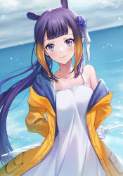 Rule 34 | 1girl, animal ears, arms behind back, bare shoulders, blue flower, blush, breasts, brown hair, closed mouth, closed umbrella, cloud, cloudy sky, collarbone, commentary, day, dress, english commentary, flower, gradient hair, hair flower, hair ornament, highres, hololive, hololive english, hood, hood down, hooded jacket, horizon, jacket, looking at viewer, mole, mole under eye, multicolored hair, ninomae ina&#039;nis, ocean, open clothes, open jacket, outdoors, polka dot, ponytail, purple eyes, purple hair, shiao, sky, sleeveless, sleeveless dress, small breasts, smile, solo, umbrella, violet (ninomae ina&#039;nis), virtual youtuber, water, white dress, white umbrella, yellow jacket