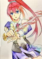 Rule 34 | 1girl, absurdres, armor, blue eyes, collared shirt, color ink (medium), commentary, flaming sword, flaming weapon, gem, hair ornament, hairclip, highres, holding, holding sword, holding weapon, long hair, looking at viewer, miita, miniskirt, necktie, pleated skirt, ponytail, rance (series), rance 10, red hair, shirt, simple background, skirt, solo, sword, traditional media, weapon, wichita skate