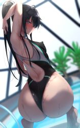 Rule 34 | 1girl, absurdres, ahoge, andou you, arm behind head, armpits, arms up, ass, black hair, black one-piece swimsuit, blue eyes, blush, breasts, closed mouth, competition swimsuit, covered erect nipples, facing away, from side, highres, impossible clothes, impossible swimsuit, indoors, long hair, looking at viewer, looking back, nipples, one-piece swimsuit, ponytail, pool, poolside, red ribbon, rei no pool, ribbon, sidelocks, small breasts, solo, squatting, swimsuit, wet, wet hair, yahari ore no seishun lovecome wa machigatteiru., yukinoshita yukino