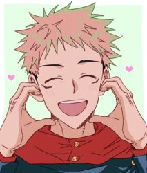 Rule 34 | 1boy, ^ ^, bad id, bad twitter id, blush, close-up, closed eyes, commentary, facial mark, heart, hood, hoodie, itadori yuuji, jujutsu kaisen, male focus, nackseojang, open mouth, pink hair, red hoodie, short hair, simple background, smile, solo, spiked hair, symbol-only commentary, teeth, upper teeth only