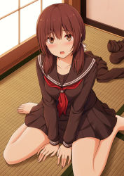 Rule 34 | 1girl, :d, barefoot, between legs, blush, bow, brown eyes, brown hair, brown sailor collar, brown serafuku, brown shirt, brown skirt, brown thighhighs, collarbone, commentary request, feet, fingernails, hair between eyes, hair bow, hand between legs, indoors, long hair, long sleeves, looking at viewer, low twintails, nakamura sumikage, neckerchief, open mouth, original, pleated skirt, red neckerchief, sailor collar, school uniform, serafuku, shirt, sitting, skirt, smile, solo, sweat, tatami, thighhighs, toenails, toes, twintails, wariza, white bow