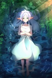 Rule 34 | 1girl, absurdres, afloat, bare shoulders, barefoot, closed mouth, commentary, crossed arms, dress, elf, english commentary, expressionless, frieren, from above, full body, green eyes, grey hair, hair down, hair spread out, highres, li nauu, long hair, long pointy ears, looking at viewer, lying, on back, outdoors, pointy ears, raised eyebrows, ripples, sleeveless, sleeveless dress, solo, sousou no frieren, sunlight, thick eyebrows, vegetation, water, white dress, white hair