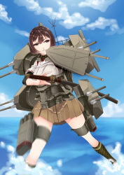 Rule 34 | 10s, 1girl, blue sky, blush, breasts, brown eyes, brown hair, cloud, day, flight deck, hiememiko, hyuuga (kancolle), ise (kancolle), japanese clothes, kantai collection, katana, large breasts, ocean, personification, short hair, skirt, sky, solo, sword, torpedo, turret, water, weapon