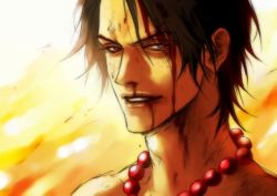 Rule 34 | 1boy, beads, black hair, blood, fire, freckles, gradient background, injury, jewelry, lily (artist), lowres, male focus, necklace, one piece, portgas d. ace, solo