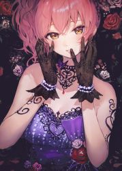 Rule 34 | 1girl, absurdres, bare shoulders, black gloves, blush, choker, dress, earrings, eyelashes, gloves, hands on own face, highres, idolmaster, idolmaster cinderella girls, jewelry, jougasaki mika, lace, lace gloves, long hair, looking at viewer, parted lips, pink hair, purple dress, side ponytail, smile, solo, strapless, strapless dress, takeashiro, yellow eyes