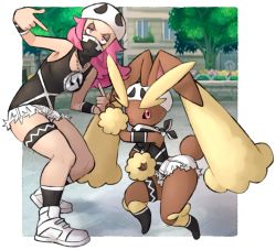 Rule 34 | 1girl, animal ears, bandana, bandana over mouth, breasts, cosplay, creatures (company), eyeshadow, game freak, gen 4 pokemon, jewelry, legband, looking at viewer, lopunny, makeup, nark, necklace, nintendo, pink eyes, pink hair, pointing, pointing at self, pokemon, pokemon (creature), pokemon sm, rabbit ears, red eyes, shorts, standing, tank top, team skull, team skull grunt, team skull grunt (cosplay), team skull uniform, v-shaped eyebrows, white shorts