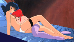 Rule 34 | 1980s (style), 2girls, bed, blue hair, blush, breasts, closed eyes, cream lemon, mai (pop chaser), multiple girls, nipples, oldschool, panties, pop chaser, purple thighhighs, red hair, retro artstyle, rio (pop chaser), thigh strap, thighhighs, topless, underwear, white panties, yuri