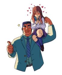 Rule 34 | 10s, 1boy, 1girl, :&gt;, belt, blush, carrying, couple, emily walus, eyebrows, gouda takeo, hands together, heart, kneehighs, looking at viewer, necktie, one eye closed, ore monogatari!!, school uniform, shoulder carry, sideburns, socks, star (symbol), thick eyebrows, thick lips, thumbs up, wink, yamato rinko