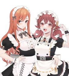 Rule 34 | 2girls, :d, ahoge, alternate costume, apron, arisugawa natsuha, bow, bowtie, breasts, detached collar, enmaided, grey eyes, hand on another&#039;s shoulder, hand on another&#039;s waist, hat, highres, idolmaster, idolmaster shiny colors, komiya kaho, long hair, looking at viewer, low twintails, maid, maid apron, maid headdress, medium breasts, mob cap, multiple girls, official alternate costume, open mouth, orange hair, red eyes, red hair, short sleeves, side-by-side, simple background, smile, twintails, white background, wrist cuffs, yxxxllpo