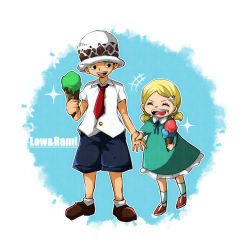 Rule 34 | 1boy, 1girl, ^^^, ^ ^, aged down, bad id, bad pixiv id, blonde hair, blue dress, blue ribbon, brother and sister, character name, child, closed eyes, dress, eating, food, food on face, full body, hair ornament, happy, hat, ice cream, ice cream cone, ice cream on face, long sleeves, necktie, one piece, open mouth, porukan, ribbon, shueisha, siblings, smile, socks, sparkle, standing, trafalgar lami, trafalgar law, twintails, white background