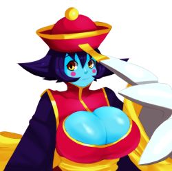 Rule 34 | 1girl, aqua skin, bad id, bad tumblr id, blue skin, blush stickers, breasts, chinese clothes, claws, cleavage, cleavage cutout, clothing cutout, colored skin, flipped hair, huge breasts, jiangshi, lei lei, lips, mato spectoru, ofuda, purple hair, short hair, smile, solo, upper body, vampire (game), white background, yellow eyes