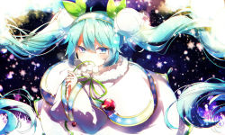 Rule 34 | 1girl, aka tonbo (lililil), aqua hair, blue eyes, capelet, flower, fur trim, hair flower, hair ornament, hatsune miku, holding, holding flower, interlocked fingers, lily of the valley, own hands clasped, own hands together, ribbon, snowflake print, snowflakes, snowing, solo, twintails, vocaloid, yuki miku