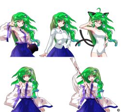 Rule 34 | 1girl, :q, ahoge, alphes (style), alternate costume, animal ears, bespectacled, brown eyes, cat ears, cat girl, cat tail, chen, detached sleeves, dress, female focus, frog hair ornament, glasses, gohei, green hair, hair ornament, hand on own hip, highres, kaoru (gensou yuugen-an), kemonomimi mode, kochiya sanae, long hair, multiple tails, one-piece swimsuit, one eye closed, oonusa, open mouth, parody, red-framed eyewear, school swimsuit, shirt, simple background, smile, snake hair ornament, star-shaped pupils, star (symbol), style parody, swimsuit, symbol-shaped pupils, tail, tongue, tongue out, touhou, white background, white one-piece swimsuit, white school swimsuit, wink