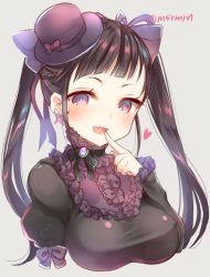 Rule 34 | 1girl, bad id, bad pixiv id, black dress, black hair, blush, bow, breasts, choker, dress, earrings, fang, frilled dress, frills, hair bow, halloween, hat, heart, jewelry, long hair, looking at viewer, mashiro miru, mini hat, mini top hat, open mouth, pointing, pointing at self, purple eyes, puzzle &amp; dragons, ribbon choker, smile, solo, taut clothes, taut dress, top hat, twintails, upper body, xiang mei (p&amp;d)