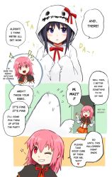 Rule 34 | 10s, 2girls, ;d, ^ ^, akemi homura, black hair, blush, bow, closed eyes, comic, copyright request, costume, door, english text, flying sweatdrops, ghost, ghost costume, grin, hair down, hair ribbon, halloween, halloween costume, heart, kaname madoka, long hair, looking at viewer, mahou shoujo madoka magica, mahou shoujo madoka magica (anime), multiple girls, musical note, one eye closed, open mouth, parted lips, pink eyes, pink hair, purple eyes, quaver, ribbon, silverxp, sleeves past wrists, smile, sweatdrop, teeth, upper body, waving