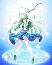 Rule 34 | 1girl, :d, armpits, bare shoulders, blue ribbon, blue skirt, blush, detached sleeves, falling leaves, frog hair ornament, green footwear, green hair, hair ornament, highres, holding, index finger raised, japanese clothes, kochiya sanae, leaf, long hair, long skirt, long sleeves, looking at viewer, magic circle, maple leaf, navel, open mouth, osashin (osada), ribbon, shoes, skirt, smile, snake hair ornament, socks, solo, touhou, traditional clothes, very long hair, vest, white socks, wide sleeves, yellow eyes