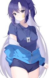 Rule 34 | 1girl, :o, absurdres, blue archive, blue eyes, blue jacket, blue shirt, blue shorts, blush, breasts, facepaint, highres, jacket, jacket partially removed, lanyard, long hair, looking at viewer, medium breasts, purple hair, shirt, short shorts, shorts, shu10, simple background, solo, star (symbol), track jacket, very long hair, white background, yuuka (blue archive), yuuka (track) (blue archive)