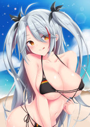 Rule 34 | 1girl, :q, absurdres, akira (sayo dayoo), antenna hair, areola slip, arm at side, azur lane, bare arms, bare shoulders, beach, bikini, black bikini, black choker, black ribbon, blue sky, blush, breasts, choker, cleavage, closed mouth, cloud, collarbone, commentary request, day, flag print, german flag, german flag bikini, hair between eyes, hair ribbon, halterneck, highres, horizon, large breasts, long hair, looking at viewer, midriff, mole, mole on breast, multicolored hair, navel, ocean, orange eyes, prinz eugen (azur lane), prinz eugen (unfading smile) (azur lane), pulling own clothes, red hair, ribbon, side-tie bikini bottom, silver hair, skindentation, sky, smile, solo, stomach, straight hair, strap pull, streaked hair, swept bangs, swimsuit, tongue, tongue out, two-tone hair, two side up, underboob, very long hair