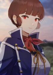 Rule 34 | 1girl, blue jacket, blunt bangs, breasts, commentary, donbee937, english commentary, highres, isabeau (megami tensei), jacket, japanese clothes, kimono, medium breasts, neckerchief, outdoors, red eyes, red neckerchief, shin megami tensei, shin megami tensei iv, short hair, solo, twilight, upper body, white kimono