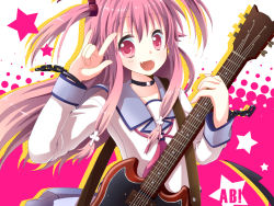 Rule 34 | 10s, 1girl, :d, \m/, angel beats!, bad id, bad pixiv id, chain, fang, guitar, instrument, kureno, open mouth, pink eyes, pink hair, school uniform, serafuku, smile, solo, twintails, two side up, yui (angel beats!)