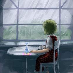 Rule 34 | 1girl, chair, checkered clothes, checkered dress, cup, dress, flower, grass, green hair, indoors, kazami yuuka, lonely, looking away, looking outside, mug, plaid, rain, reflection, saucer, sitting, table, touhou, vase, window, yaise