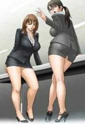Rule 34 | 2girls, black hair, breasts, brown eyes, brown hair, business suit, cleavage, curvy, formal, full body, high heels, huge breasts, jacket, legs, long hair, minidress, miniskirt, mole, mole under eye, multiple girls, office lady, open mouth, panties, pantylines, parted lips, pencil skirt, ponytail, shoes, skirt, skirt suit, suit, tatsunami youtoku, thighs, third-party edit, underwear, wide hips