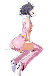 Rule 34 | 1girl, antenna hair, ass, ass cutout, bad id, bad pixiv id, bare shoulders, black hair, boots, breasts, clothing cutout, closed eyes, full body, high heels, idolmaster, idolmaster (classic), kikuchi makoto, pussy, shino (comic penguin club), small breasts, solo, thigh boots, thighhighs, uncensored, white background