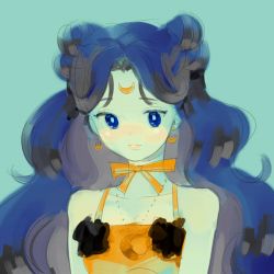 Rule 34 | 1990s (style), 1girl, bare shoulders, big hair, bishoujo senshi sailor moon, blue background, blue eyes, blue hair, bow, choker, crescent, crescent facial mark, crescent moon, crescent necklace, double bun, earrings, facial mark, forehead mark, gif artifacts, hair bun, jewelry, long hair, luna (sailor moon), luna (sailor moon) (human), matching hair/eyes, moon, necklace, personification, retro artstyle, ribbon choker, solo, upper body, yellow bow, yr