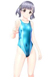 Rule 34 | 1girl, absurdres, aqua one-piece swimsuit, black eyes, blue one-piece swimsuit, blunt bangs, breasts, cameltoe, cleft of venus, clothes writing, collarbone, competition swimsuit, contrapposto, covered navel, cowboy shot, grey hair, highres, kantai collection, looking at viewer, one-piece swimsuit, ooshio (kancolle), short hair, simple background, small breasts, solo, standing, swimsuit, takafumi, twintails, v, white background