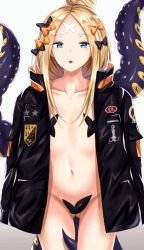 Rule 34 | 1girl, abigail williams (fate), abigail williams (traveling outfit) (fate), alternate hairstyle, bad id, bad pixiv id, bandaid, bandaid on face, bandaid on forehead, belt, black bow, black jacket, blonde hair, blue eyes, blush, bow, breasts, coat, collarbone, fary5, fate/grand order, fate (series), forehead, gluteal fold, hair bow, hair bun, high collar, highres, jacket, long hair, looking at viewer, naked coat, navel, official alternate costume, open clothes, open jacket, orange bow, parted bangs, pasties, polka dot, polka dot bow, revision, single hair bun, sleeves past fingers, sleeves past wrists, small breasts, solo, tentacles, thighs