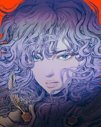 Rule 34 | 1boy, androgynous, armor, berserk, blue eyes, close-up, closed mouth, griffith (berserk), lips, long hair, looking at viewer, male focus, nisino2222, red background, solo, wavy hair, white hair