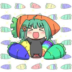 Rule 34 | &gt; &lt;, 00s, 1girl, :d, blush, carrot, chibi, closed eyes, food as clothes, green hair, lowres, macross, macross frontier, microphone, open mouth, ranka lee, short hair, smile, solo, xd