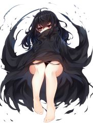 Rule 34 | 1girl, bags under eyes, barefoot, black hair, closed mouth, floating, full body, legs, long hair, looking at viewer, messy hair, original, otokuyou, red eyes, robe, sanpaku, serious, simple background, solo, toes, torn clothes, white background