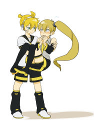 Rule 34 | 1boy, 1girl, akita neru, bare shoulders, black sailor collar, black shorts, black skirt, black sleeves, black thighhighs, blonde hair, blush, carrying, commentary, detached sleeves, embarrassed, flying sweatdrops, full body, grey shirt, hair tie, hand on another&#039;s shoulder, hand on another&#039;s thigh, kagamine len, leg warmers, long hair, looking at another, miniskirt, necktie, open mouth, pleated skirt, princess carry, red eyes, regain, sailor collar, school uniform, shirt, short ponytail, short sleeves, shorts, side ponytail, skirt, sleeveless, sleeveless shirt, smile, spiked hair, standing, thighhighs, very long hair, vocaloid, white background, white shirt, wide-eyed, yellow necktie, zettai ryouiki