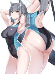 Rule 34 | 1girl, absurdres, animal ear fluff, animal ears, ass, black one-piece swimsuit, blue archive, blue eyes, breasts, competition swimsuit, cross hair ornament, earrings, extra ears, hair ornament, halo, highleg, highleg swimsuit, highres, jewelry, maruyaa (malya1006), medium breasts, mismatched pupils, multicolored clothes, multicolored swimsuit, multiple views, official alternate costume, one-piece swimsuit, ponytail, shiny skin, shiroko (blue archive), shiroko (swimsuit) (blue archive), simple background, standing, stud earrings, swimsuit, two-tone swimsuit, white background